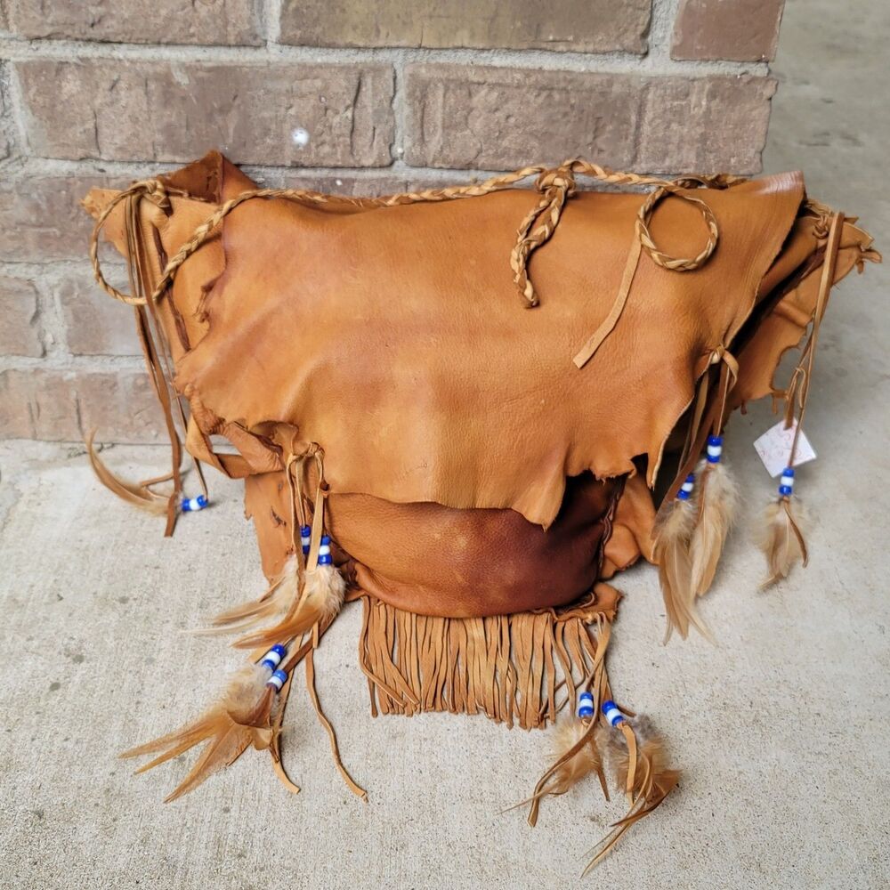 By The Birds VTG Deerskin Leather Crossbody Bag Fringe Beads & Feathers Handmade